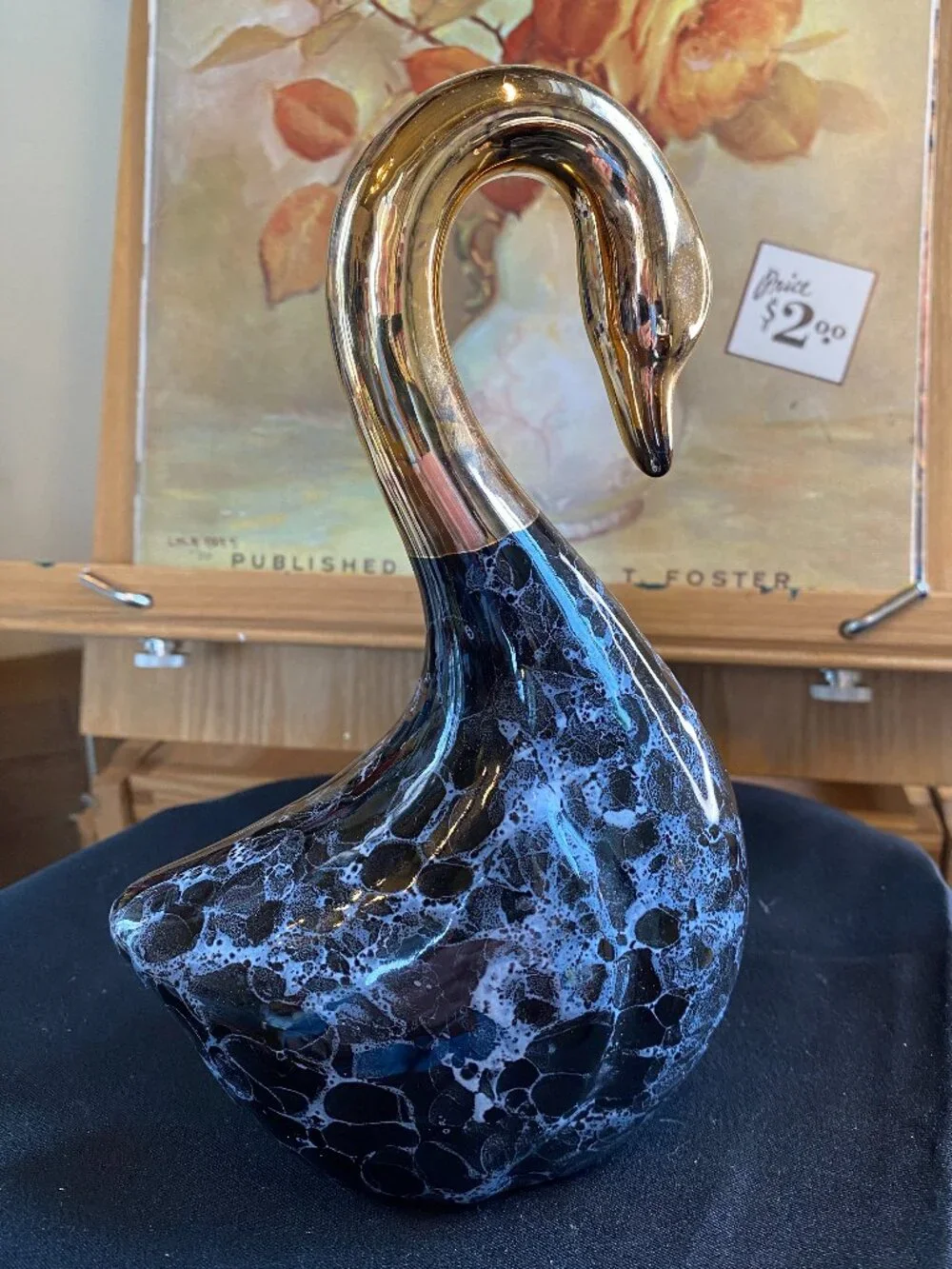 MCM Pair of Enesco Black Marbleized Swan Figurines with Copper/Gold Heads